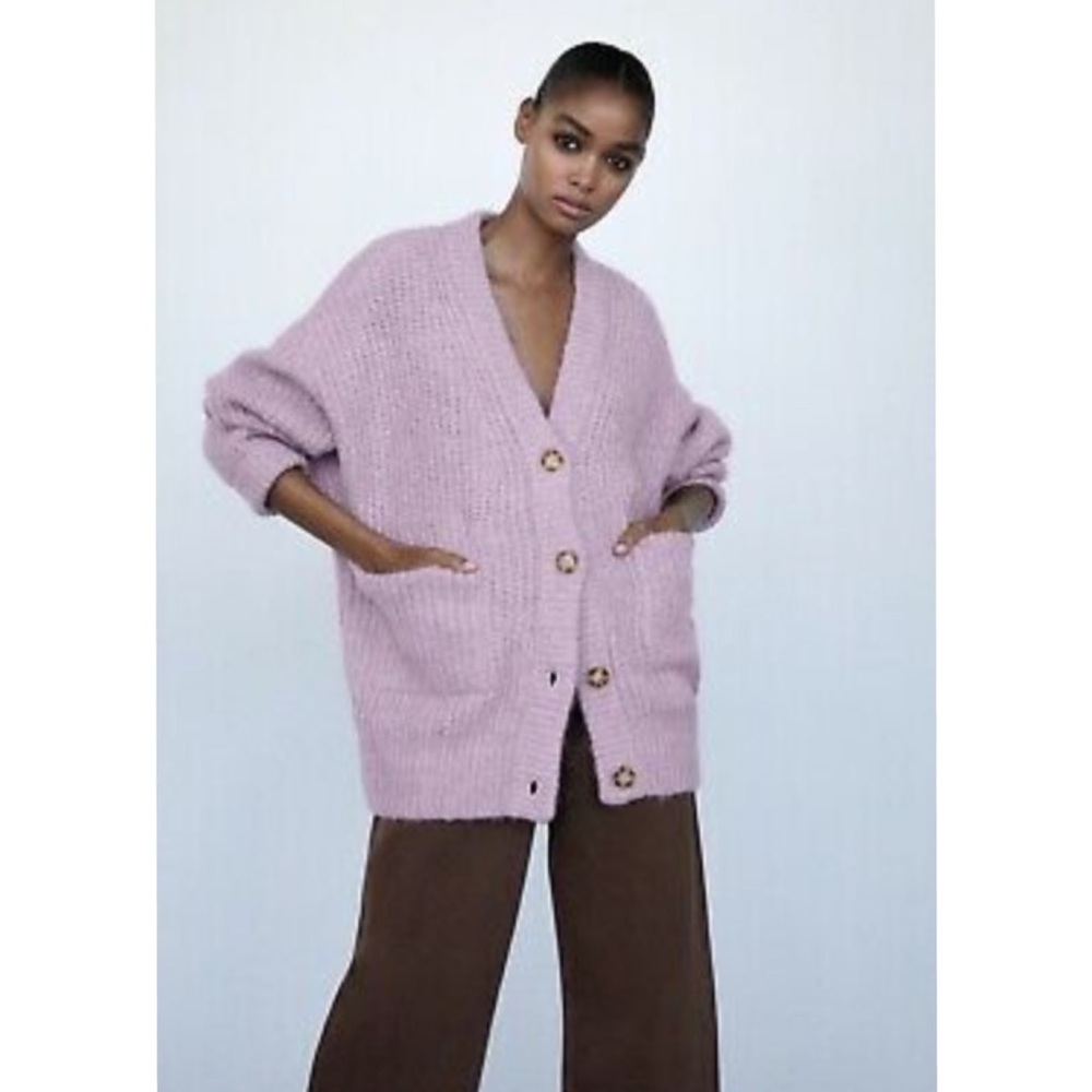 ZARA Lilac Mauve Wool Blend Oversized Knit Cardigan Front Pockets Size M